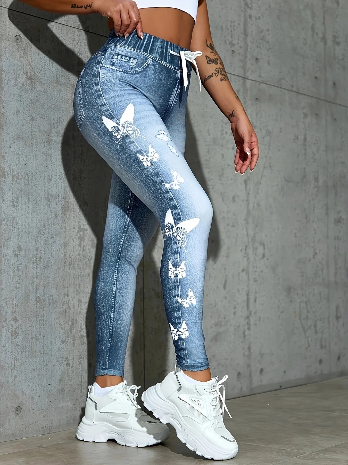 Imitation denim butterfly printed tight base trousers - high-waisted slim leggings - suitable for all seasons of women's outfits Badiee Stylez