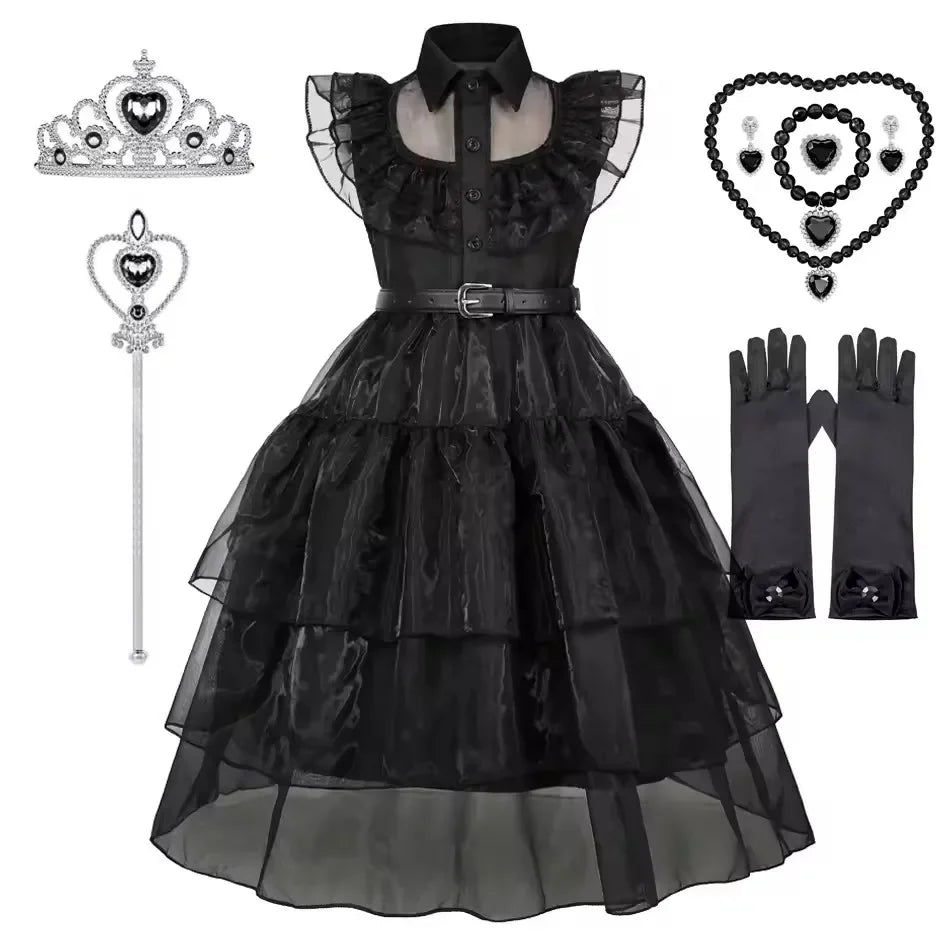 Black Dress Girls TV Series Role Playing Halloween Costume Toddler Adams Weirdo Family Cosplay Apparel Badiee Stylez