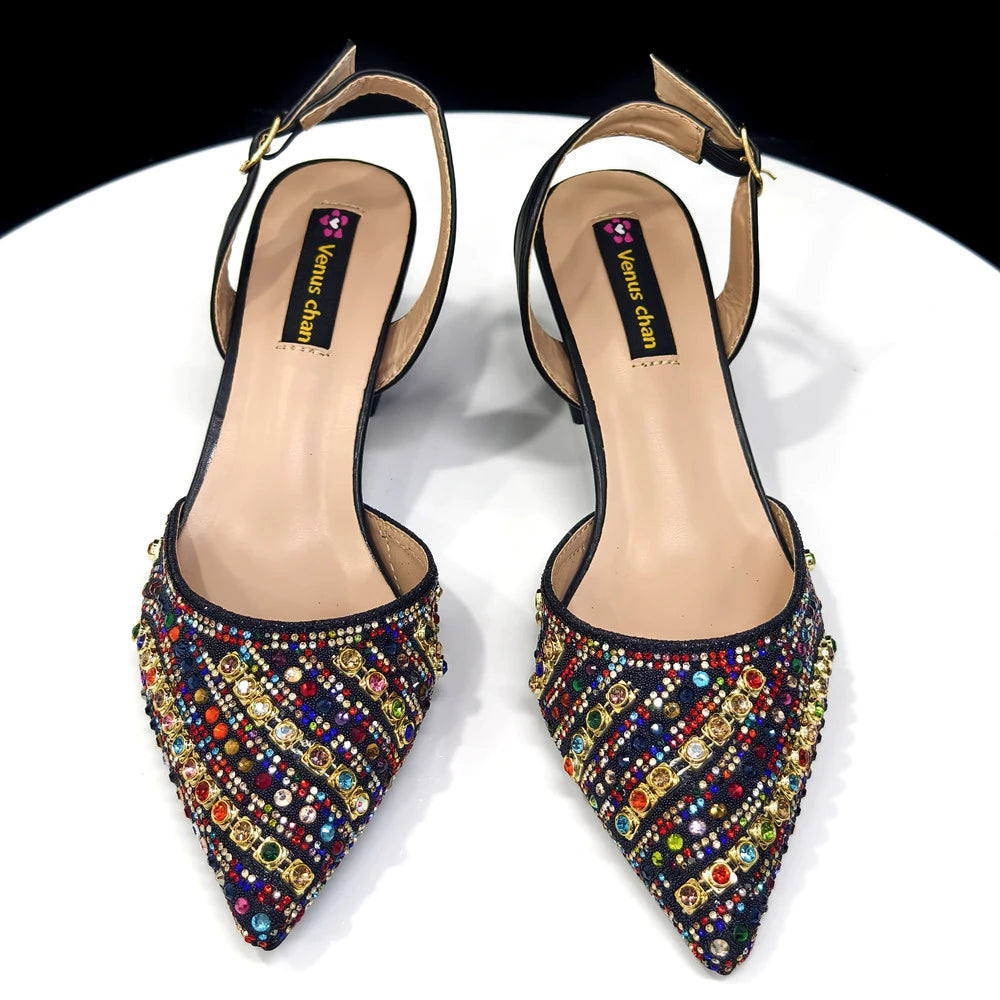 2025 Luxurious Italian Women's Party Shoes & Bag Set – Elegant Golden Rhinestone Spring/Summer Sandals with Pointed High Heels f