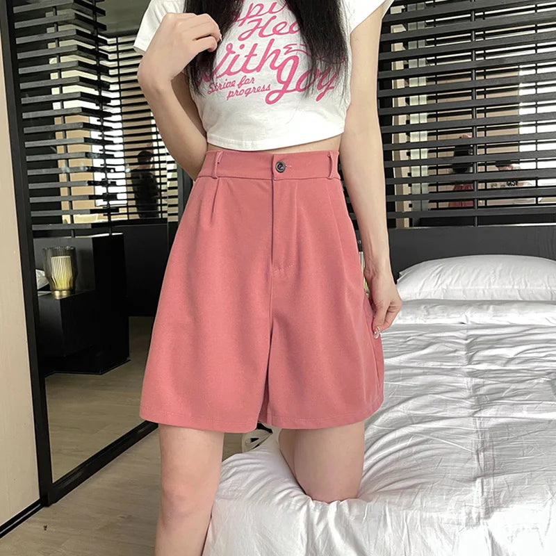 Summer Women Comfortable Commute Short Pants Lady Loose High Street Suit Pants Female Daily Soft High Waisted Wide Leg Shorts Pink