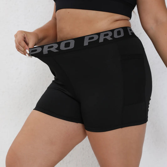 Plus Size Women Letter Shorts for Mesh Pocket Black High Waist Yoga Shorts For Fitness Running Workout Woman Pants 0XL-4XL black