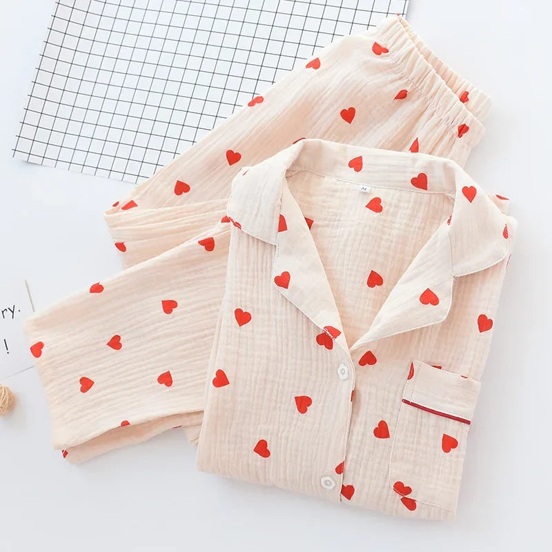 Japanese style spring, summer and autumn new ladies cotton gauze home service suit long-sleeved trousers cute cartoon suit women Beige heart
