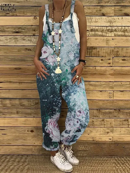 Women Overalls Summer Jumpsuits Thin Vintage Sweet Print Suspenders Loose Female Casual Large Size New Straight-leg Pants 6