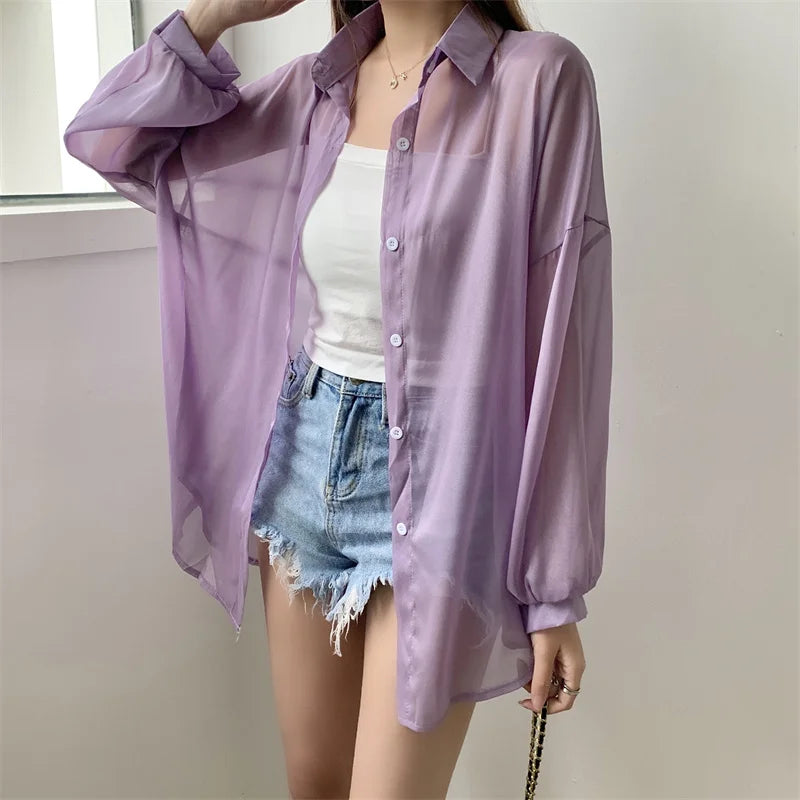 Semi Sheer Long Sleeve Shirt for Women Shimmer Button Down Collared Plain Lightweight Shirt Spring Summer Chic Tops Outfit