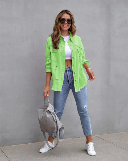 2025 Spring Autumn Shirt Style Denim Jacket Women Holes Raw-edges Jeancoat Casual Tops Female Oversize Loose Outerwear 7 Colors