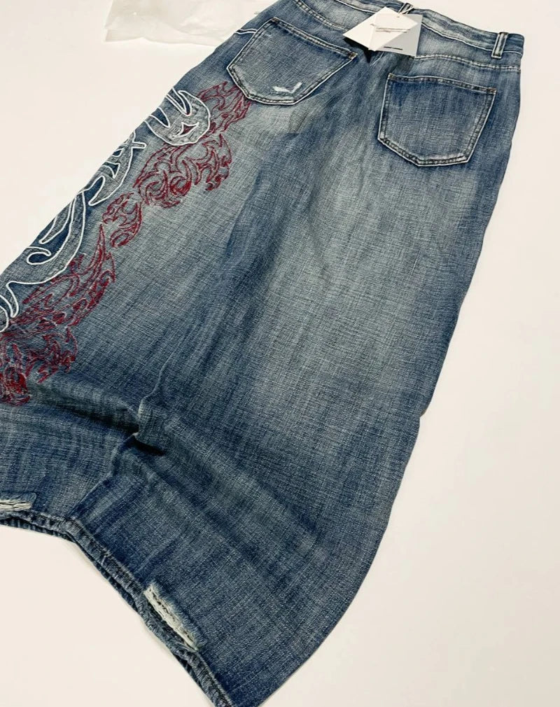 Street Fashion Y2K Asymmetrical Oversized Pattern High Waist Baggy Women Jean Vintage Harajuku Streetwear Straight Wide-leg Jean