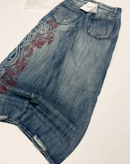 Street Fashion Y2K Asymmetrical Oversized Pattern High Waist Baggy Women Jean Vintage Harajuku Streetwear Straight Wide-leg Jean