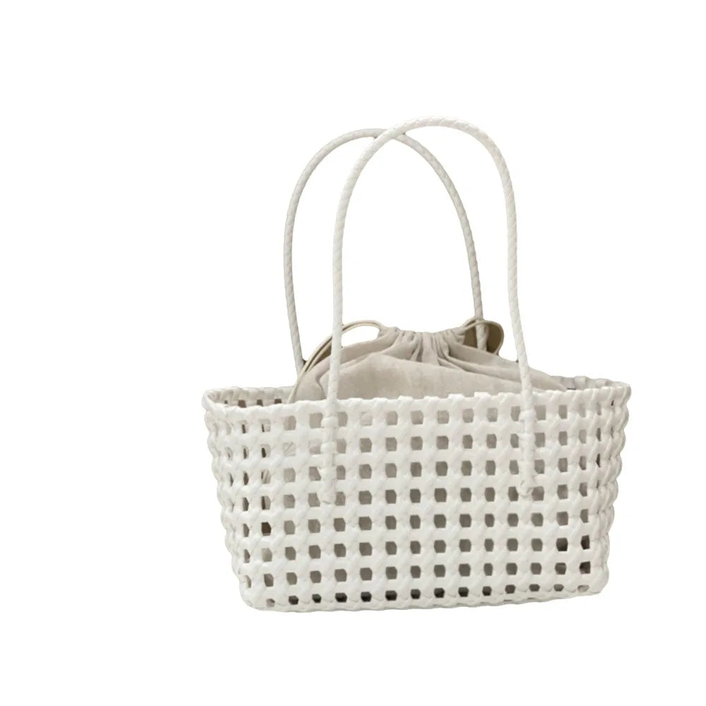 Plastic Hollow Weave Bag Countryside Style Bohemian Style Beach Tote Bag Large Capacity Bucket Bag Vegetable Basket Bag White with Lining