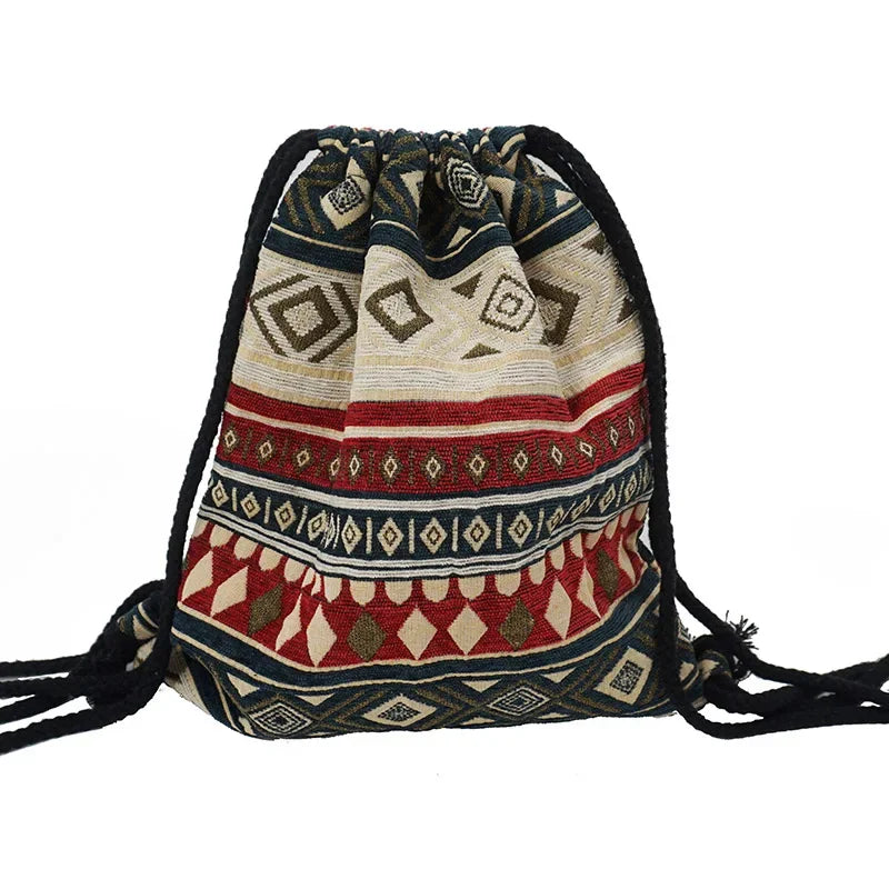 2025 Women Fabric Backpack Female Gypsy Bohemian Boho Chic Aztec Ibiza Tribal Ethnic Cottage Soft Brown Drawstring Rucksack Bags NO 20