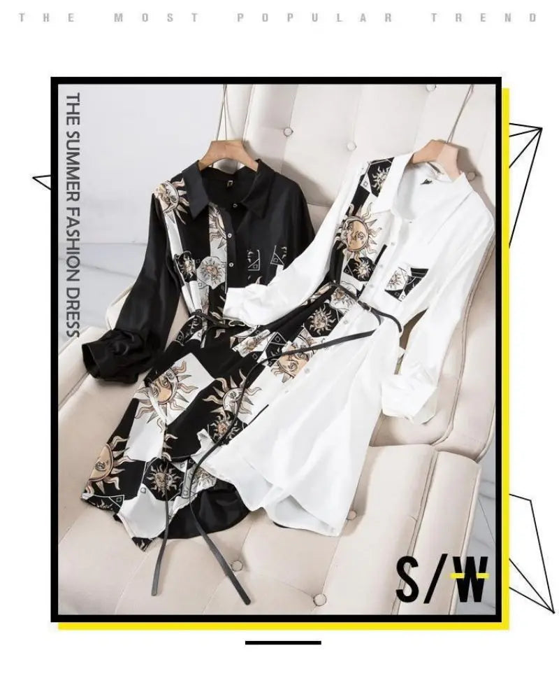 Print Vintage A-Line With Belt Loose Polo Neck Women's Dress Single-Breasted Knee Length Dresses For Women Clothing 2024 Fashion