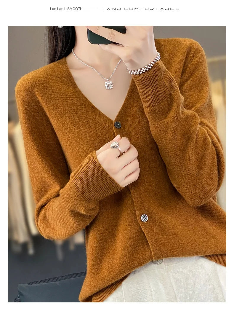 100 Merino Wool Knitted V-neck Sweater Women's Top Loose Korean Version Fashionable Versatile Autumn And Winter Cashmere Sweater