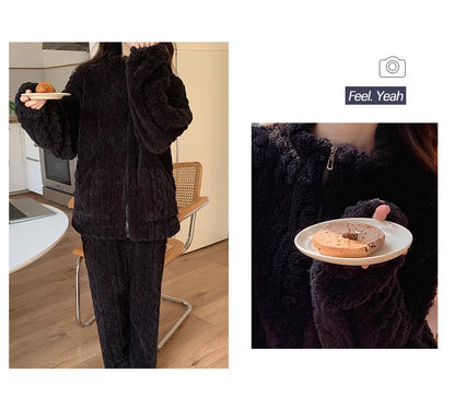 Large Size Flannel Pajamas Set Autumn Winter Female Sleepwear Trouser Suit Thicken Coral Fleece High Collar Lounge Wear Homewear