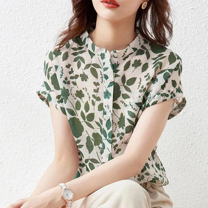 Women Summer Style Blouses Tops Lady Casual Short Sleeve Stand Collar Flower Printed Blusas Tops green