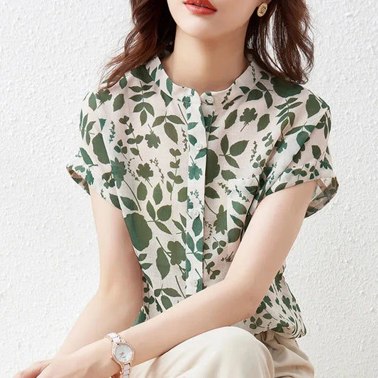 Women Summer Style Blouses Tops Lady Casual Short Sleeve Stand Collar Flower Printed Blusas Tops green