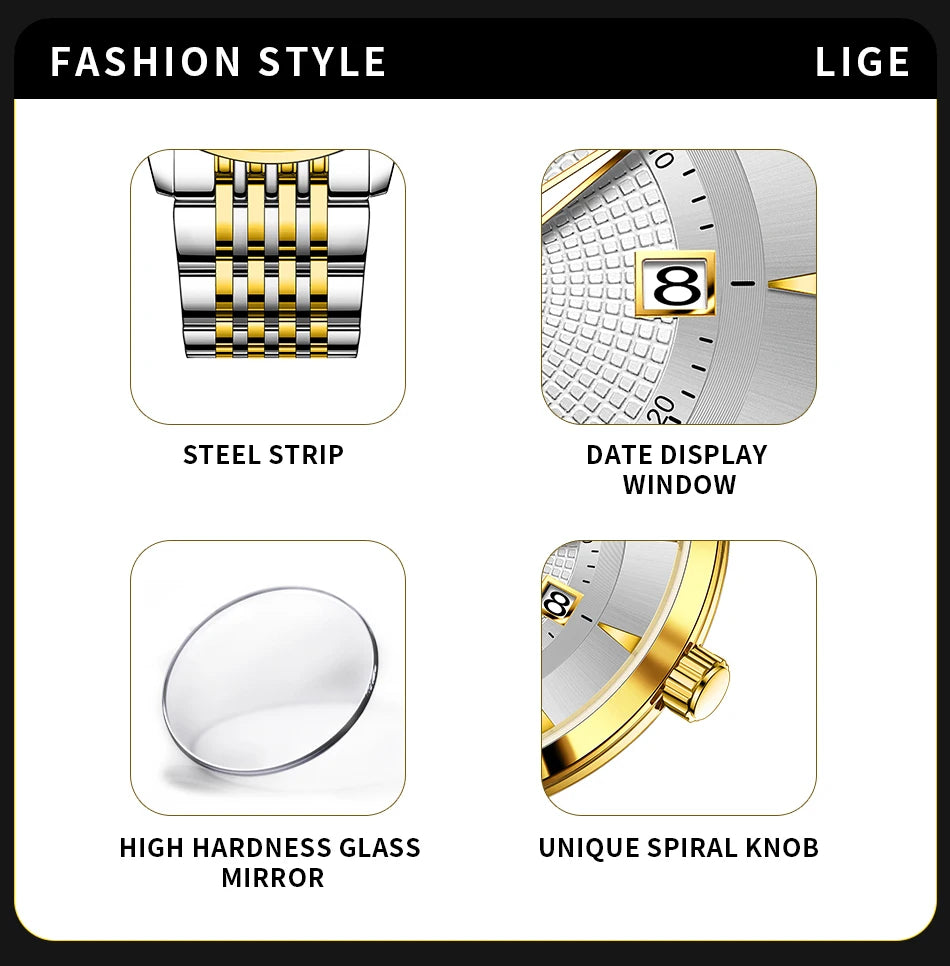 LIGE's new Fashion Women's Watch Luxury Stainless Steel Waterproof Clock Calendar Gift Quartz Watch for Women Relogio Feminino