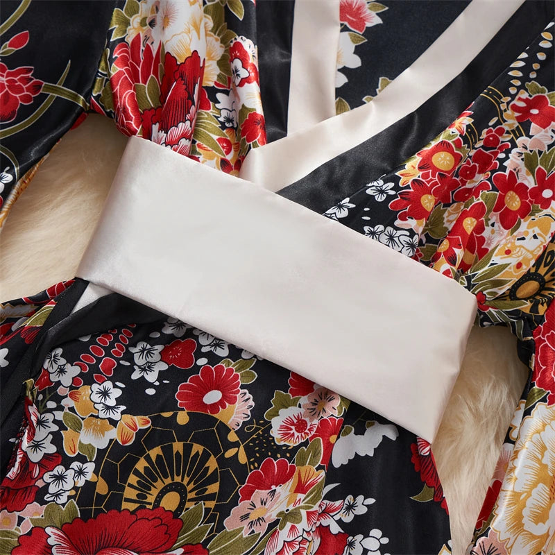 Japanese Sexy Print Kimono Slim Fit V-Neck Nightgown Loose Petal Sleeves Women's Erotic Lingerie Mini Irregular Patchwork Dress