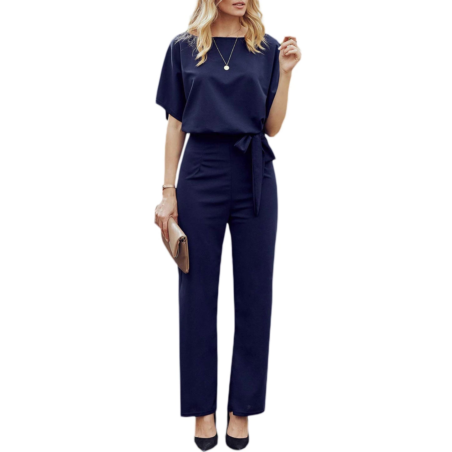 Women's clothing summer 2024 Jumpsuit, Elegant Short Sleeve Hollowed Waist Tie Solid Summer Wide Leg Pants Badiee Stylez