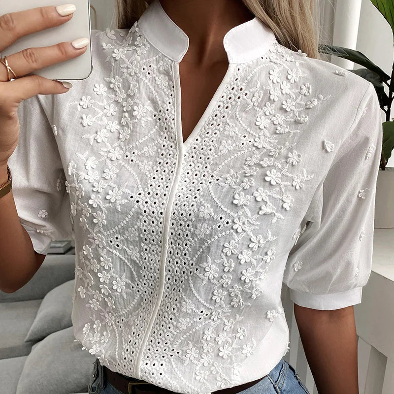 Summer Floral Embroidery Lace Blouse Fashion Women V Neck Casual Shirt Chic Short Sleeve Hollow Out Tops Elegant Blusas 24350