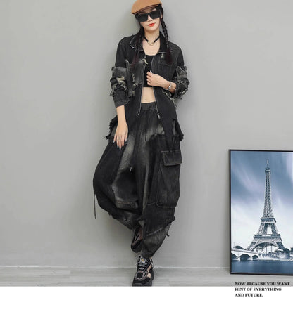 Trendy Cool Pant Set Women Autumn Vintage Denim Patchwork Long Sleeve Irregular Jacket + Harem Pants Two-Piece Set LX4331 Badiee Stylez