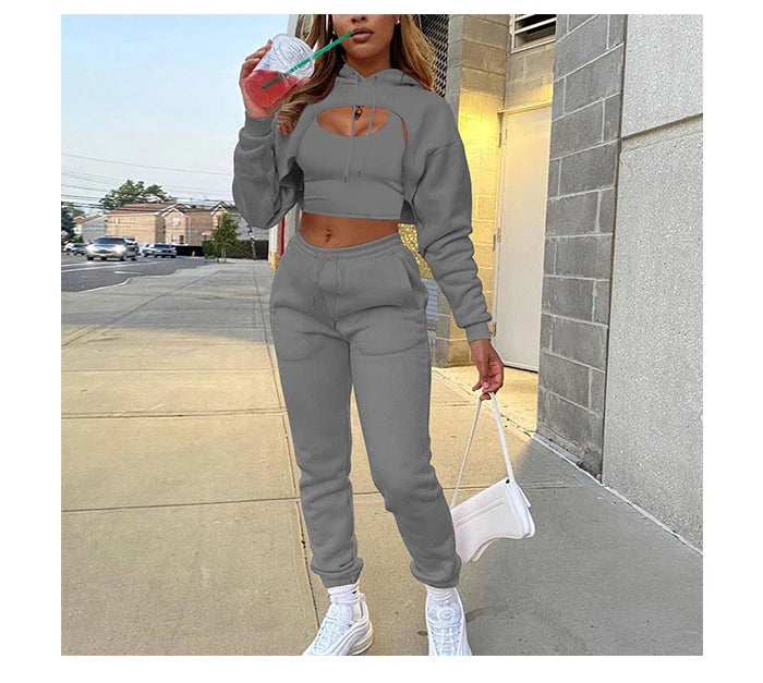 Women 3 Pieces Sets Sweatpants and Hoodie Set Cropped Tops Fleece Pants Suit Tracksuit Fitness Sport Jogger Outfit Clothing