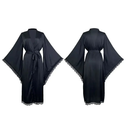 Long Bride Wedding Robe Women Elegant Sleepwear Big Sleeve Lace Full Slip Kimono Loungewear Soft White Rayon Home Dressing Gown black