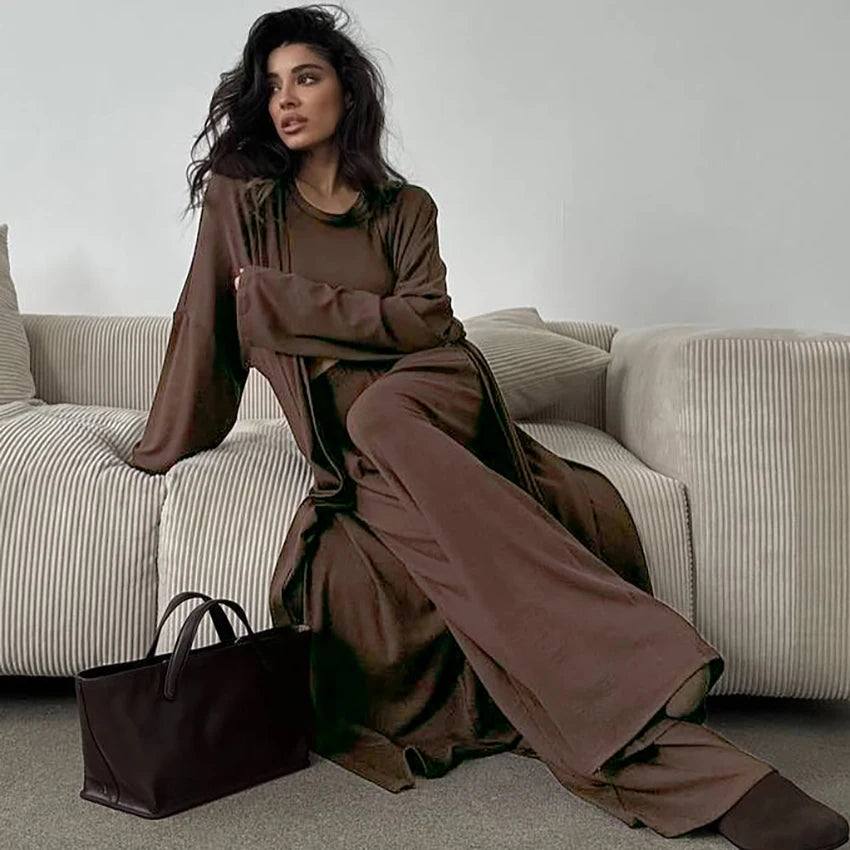 Hiloc Elegant Knit 3 Piece Sets Summer Casual Loose Sleepwear Street Chic Elastic Waist Pants Fashion Long Sleeve Shirts 2025