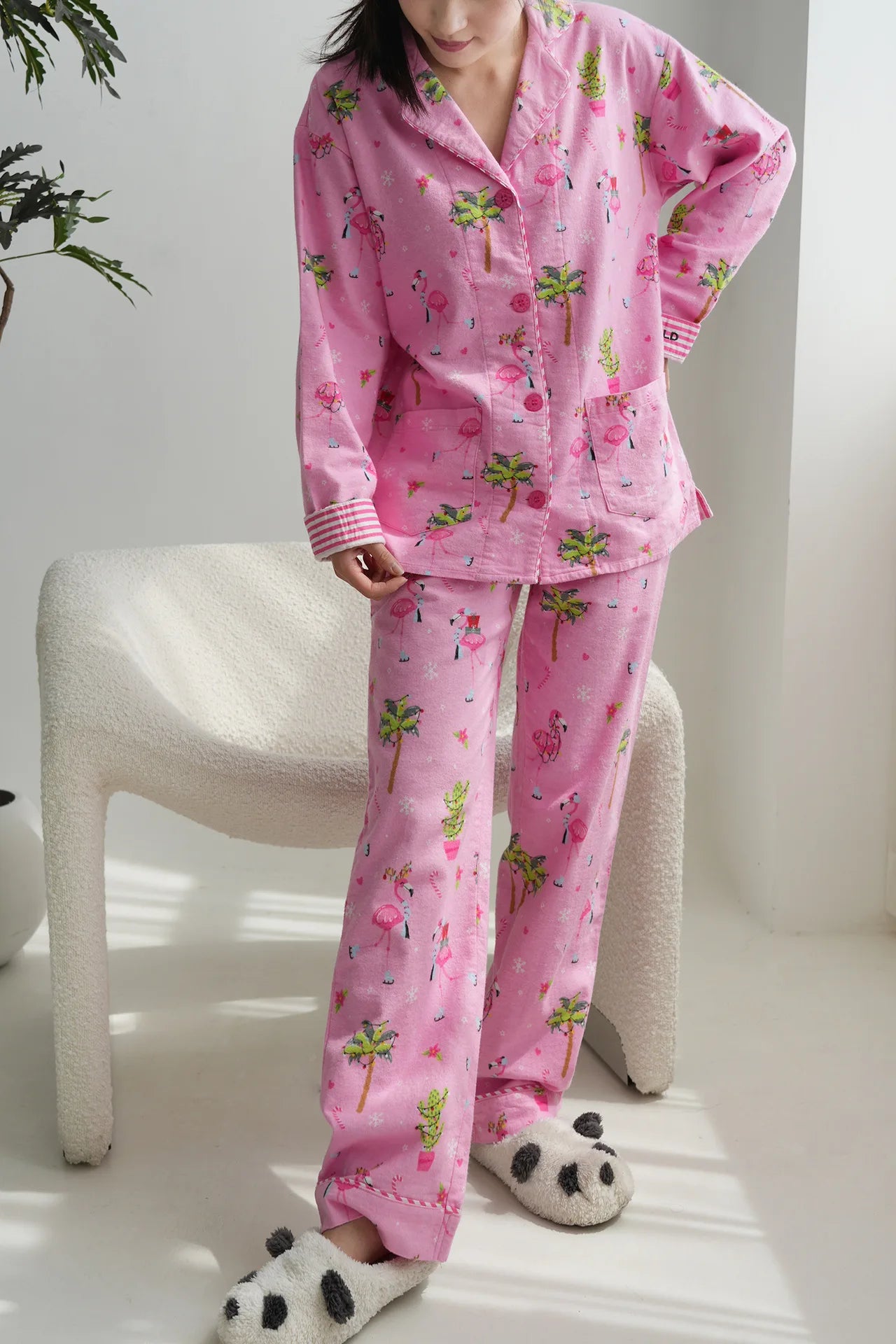 Women's Print Cotton Pajama Set Long Sleeve Autumn Winter Ladies Sleepwear 2 Pcs with Pant Single Breasted Pijama Suit Female