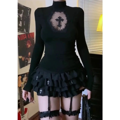 Sexy Woman Y2k Clothing Goth Cross Hollow Out Tshirt Slim Punk 2000s Hot Girl Lace Long Sleeves High Collar Harajuku Vintage Top