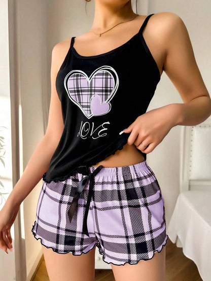 Women Sexy Suspender Shorts Thin Pajamas Letter Print Plaid Shorts Large Pajamas Romantic Home Wear Sexy Nightwear Short Pajama Badiee Stylez