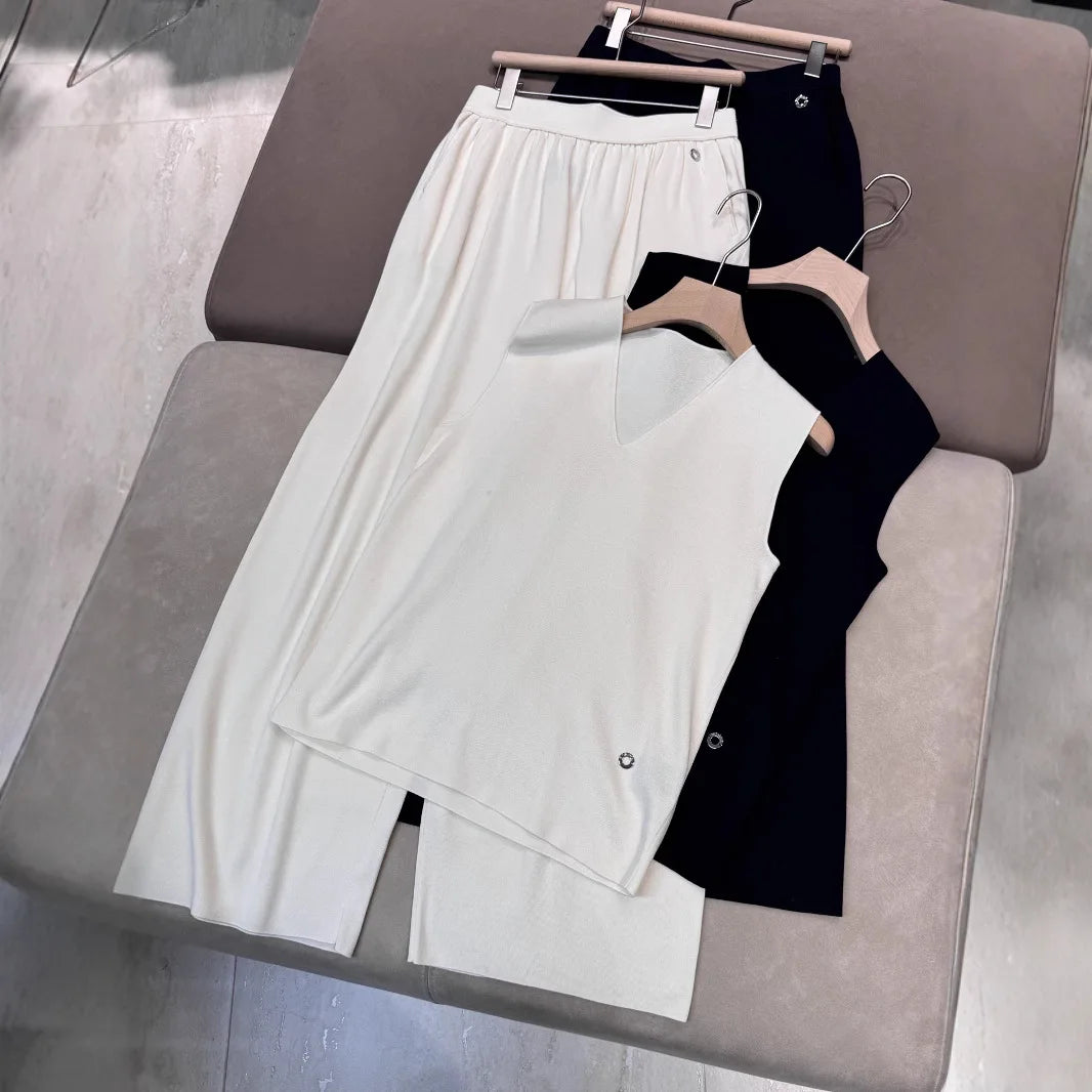 2025 Spring/Summer New Silk Cotton Blended V-neck Fashion Vest Top Casual All-match Straight Wide-leg Pants suit Badiee Stylez