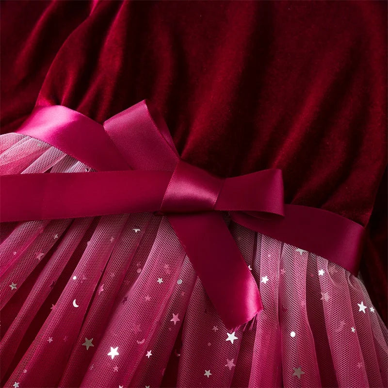 2025 Red Christmas Dress for Baby Girls Winter Long Sleeve Mesh Dresses for 3-8Yrs Kid Star Sequin Birthday Party Princess Dress