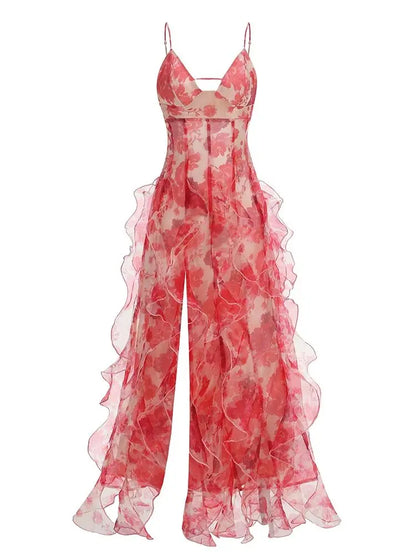 Summer New 2024 Women Sexy V Neck Backless Flower Chiffon Maxi Gowns Dress Split Celebrity Cut Out Beach Maxi Dress Red