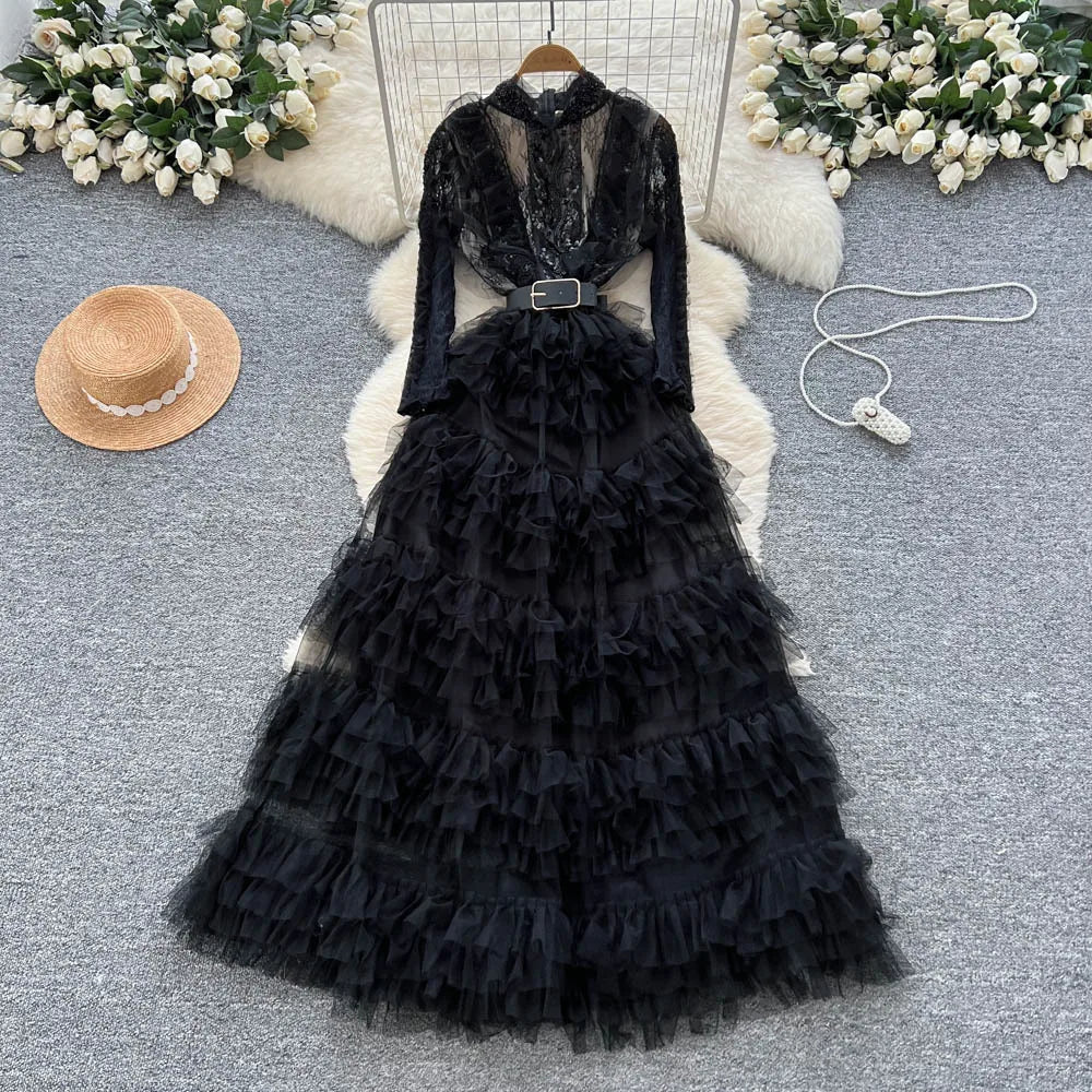Evening Dress Women Gown Ruffles Stand Collar Full Sleeve Long Dresses Elegant A Line Spliced High Waist Vestidos Mesh Wedding Badiee Stylez