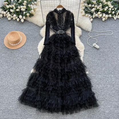 Evening Dress Women Gown Ruffles Stand Collar Full Sleeve Long Dresses Elegant A Line Spliced High Waist Vestidos Mesh Wedding Badiee Stylez