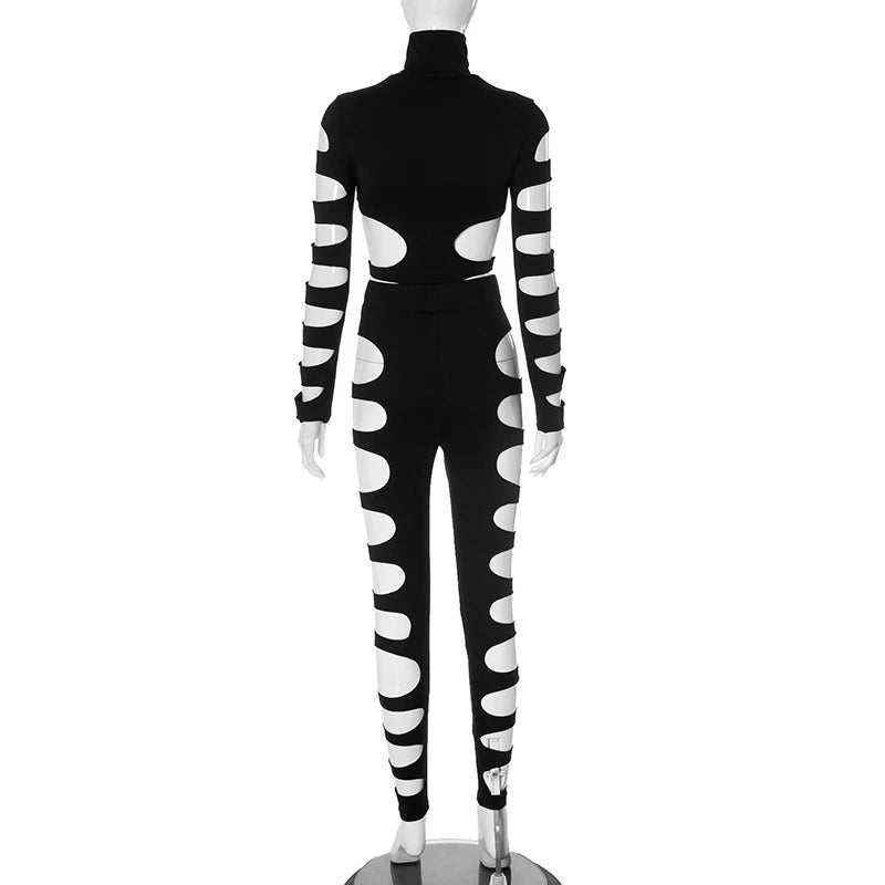 OMSJ Asymmetric Hot Girl Personality Set Hollowed Out Design Long Sleeve High Collar Bodysuit+Elastic Waist Leggings Pants Party
