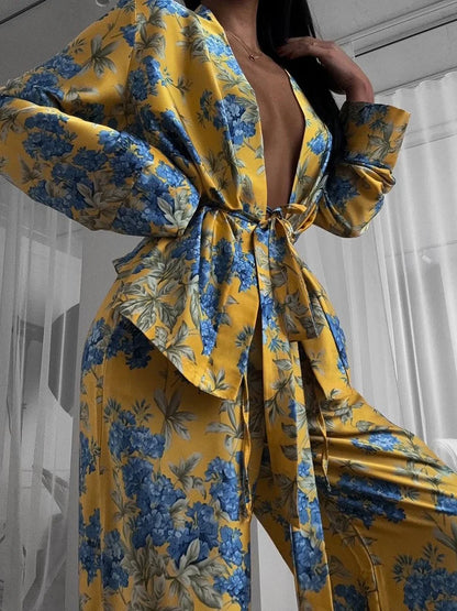 Marthaqiqi Fashion Women Nightwear Suit V-Neck Pajamas Long Sleeve Nightie Lace Up Nightgowns Pants Printing Ladies Pyjamas Set