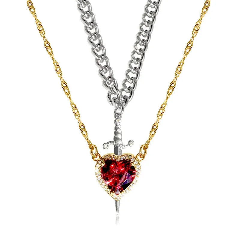 Heart and Sword Necklace Couple Necklaces Zircon Crystal Ring Bracelet Necklace Jewelry Set for Romantic Valentine's Day Gifts Badiee Stylez