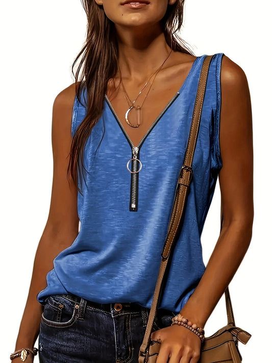 Versatile Women's V-Neck Half-Zip Tank Top - Casual All-Season Wear with Durable Stretch Fabric Blue