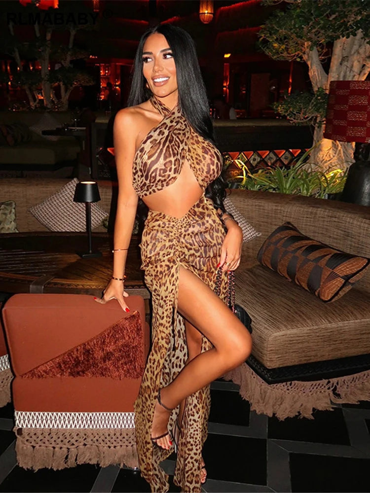 RLMABABY Leopard Hollow Out Backless Sexy Bodycon Dress Women Backless Thigh High Split Holiday Beach Party Long Maxi Dress