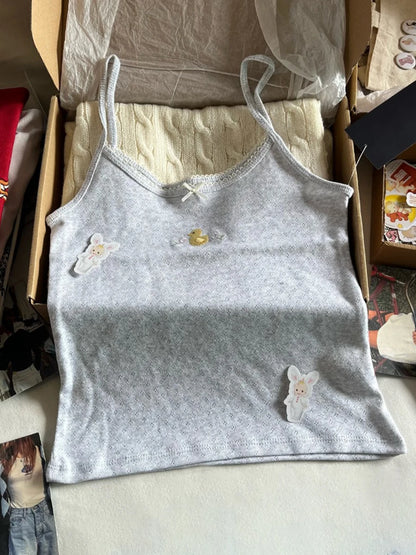 Cute Animal Embroidery Tank Tops Women Summer Lace Trim Cotton Sleeveless Camisole Vests Solid Vintage Sweet Slim Crop Top Y2k Duck-eyelet One Size