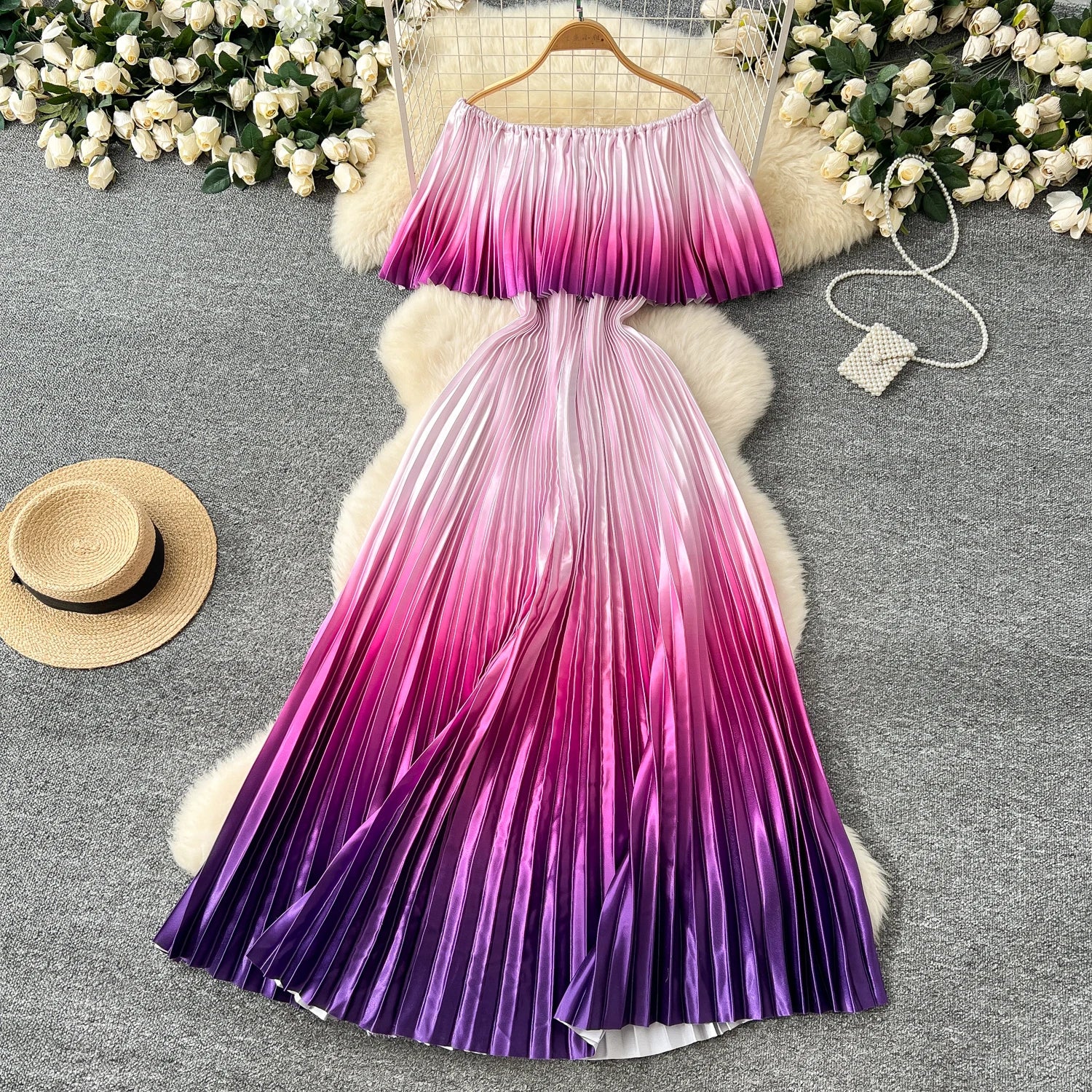 SINGREINY 2025 Gradient Party Long Dress Female Off Shoulder Elastic Waist A Line Sundress Vacation Luxury Pleated Maxi Dresses