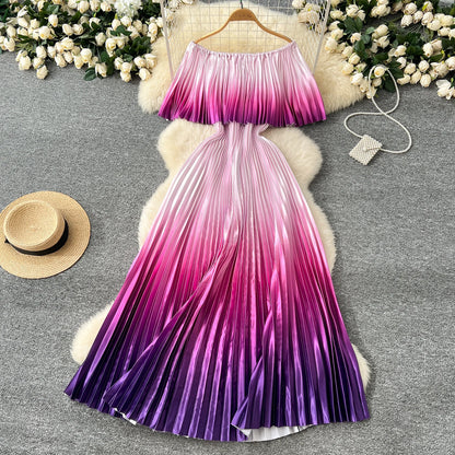 SINGREINY 2025 Gradient Party Long Dress Female Off Shoulder Elastic Waist A Line Sundress Vacation Luxury Pleated Maxi Dresses