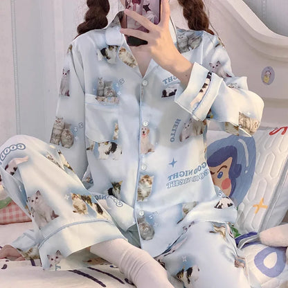 Korean Style Women's Two-piece Pajamas Sets Fashion Flower Print Faux Silk Satin Sleepwear Female Long Sleeve Pants Housewear 12