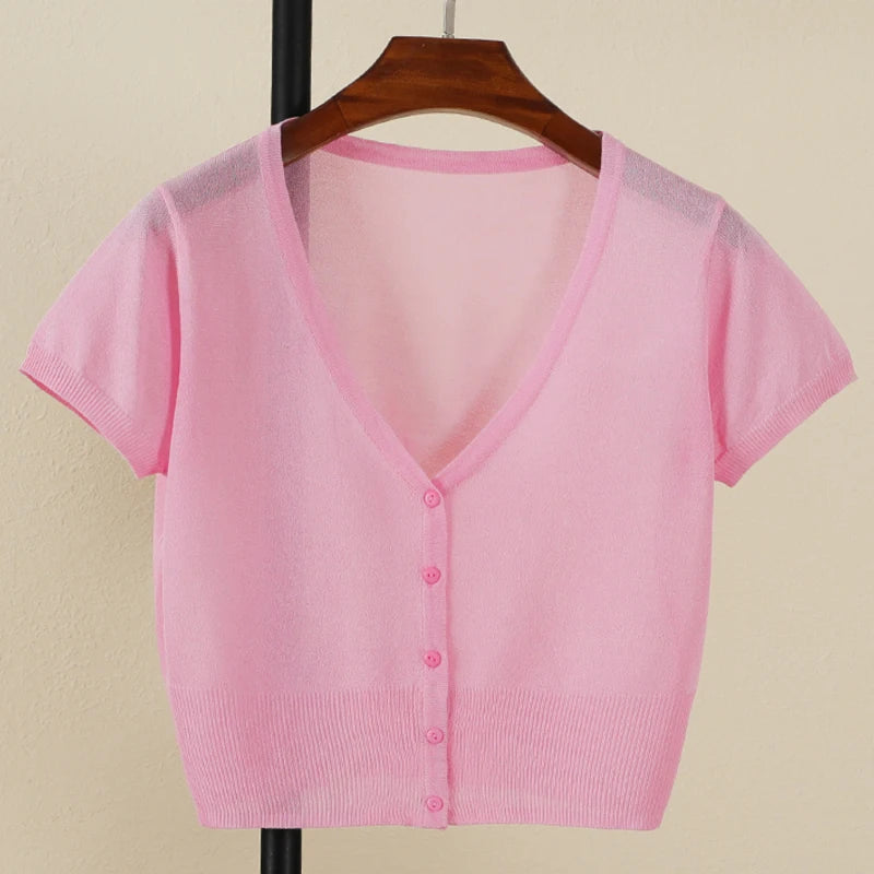 Outerwear Jerseys Summer Cardigan Women Cropped Blouses Korean Fashion Style Cute V-neck Women's Coat Black Bolero Woman Basic