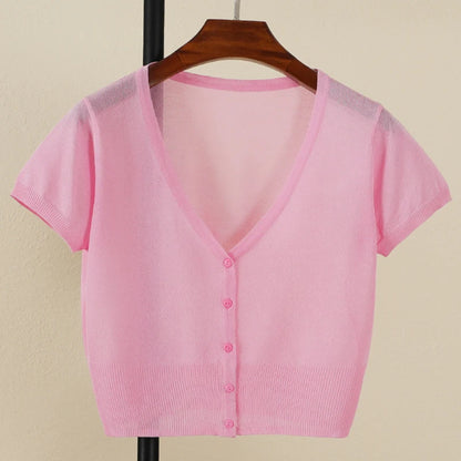 Outerwear Jerseys Summer Cardigan Women Cropped Blouses Korean Fashion Style Cute V-neck Women's Coat Black Bolero Woman Basic