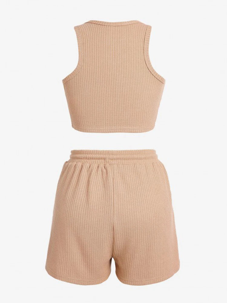 Spring and summer solid color women's waffle sleeveless vest elastic waist shorts casual sports suit