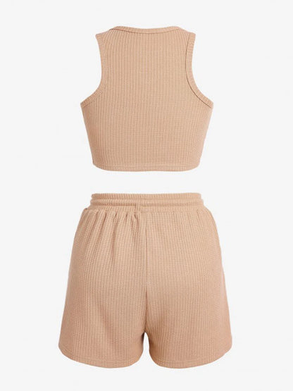 Spring and summer solid color women's waffle sleeveless vest elastic waist shorts casual sports suit