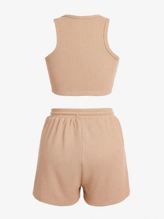 Spring and summer solid color women's waffle sleeveless vest elastic waist shorts casual sports suit