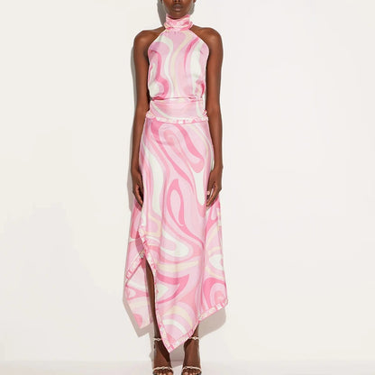 Summer Sexy Print Sleeveless Halter Shirt Skirt Two Piece Set Women Retro Pattern Print Satin Outfit Women Beach Holiday Clothes Pink