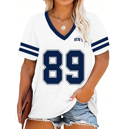 Summer Women's T-Shirts Stripe Print Tops Fashion Digit 89/28 Pattern Tshirt For Women V-Neck Leisure Female Clothing Pullover 24Q1WTX024-XX122533